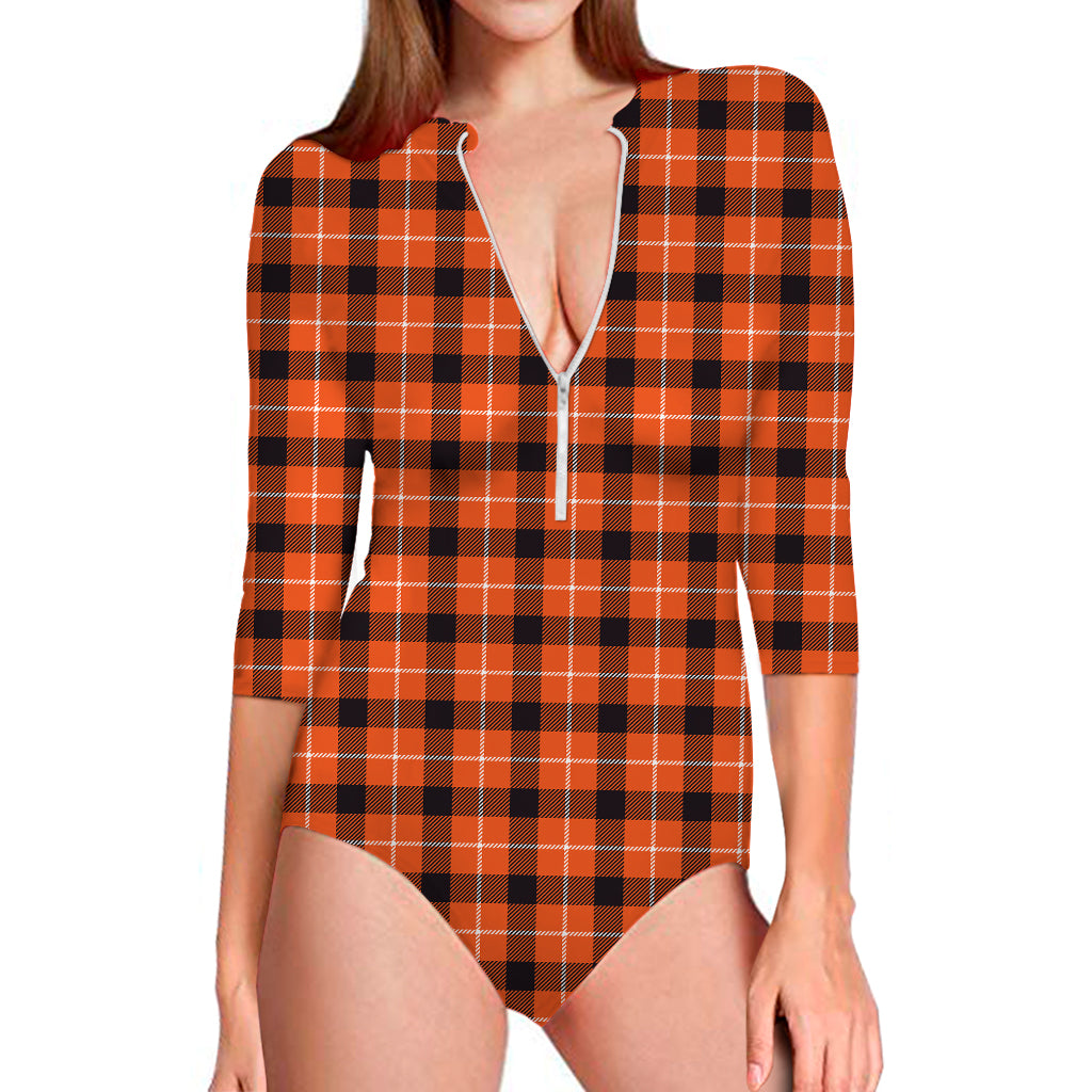 Orange Grey And White Plaid Print Long Sleeve Swimsuit