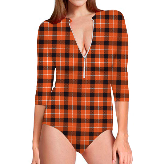 Orange Grey And White Plaid Print Long Sleeve Swimsuit