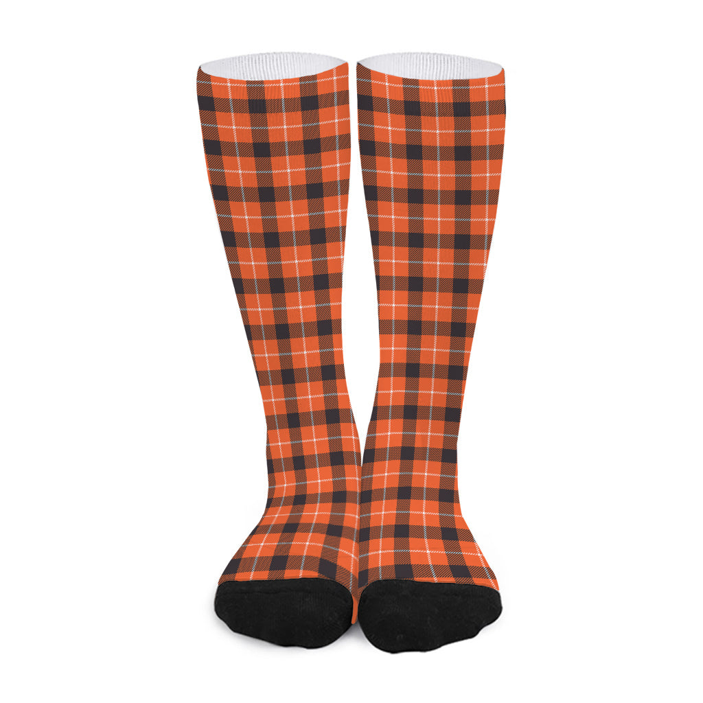 Orange Grey And White Plaid Print Long Socks