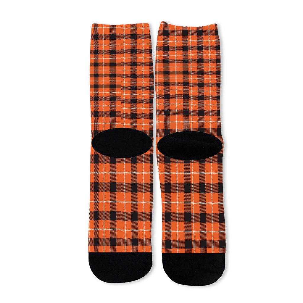 Orange Grey And White Plaid Print Long Socks
