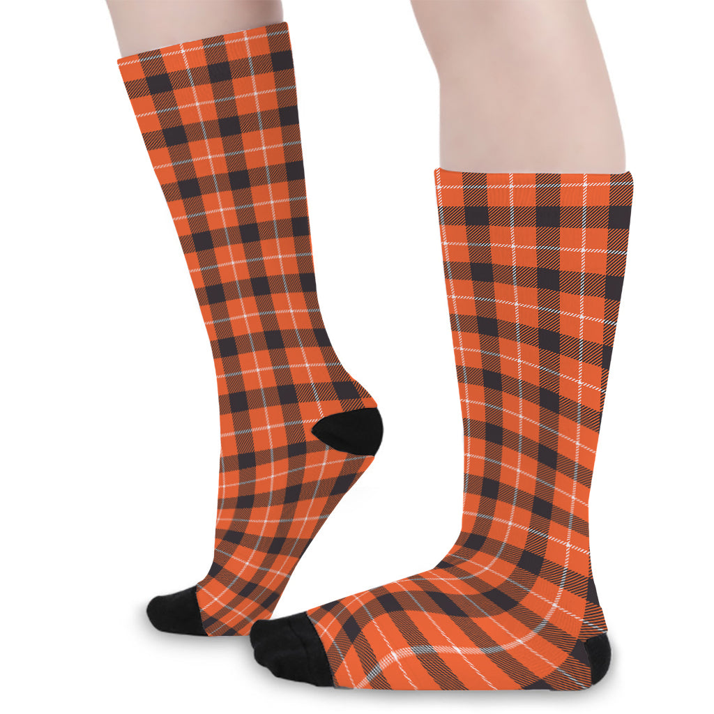 Orange Grey And White Plaid Print Long Socks