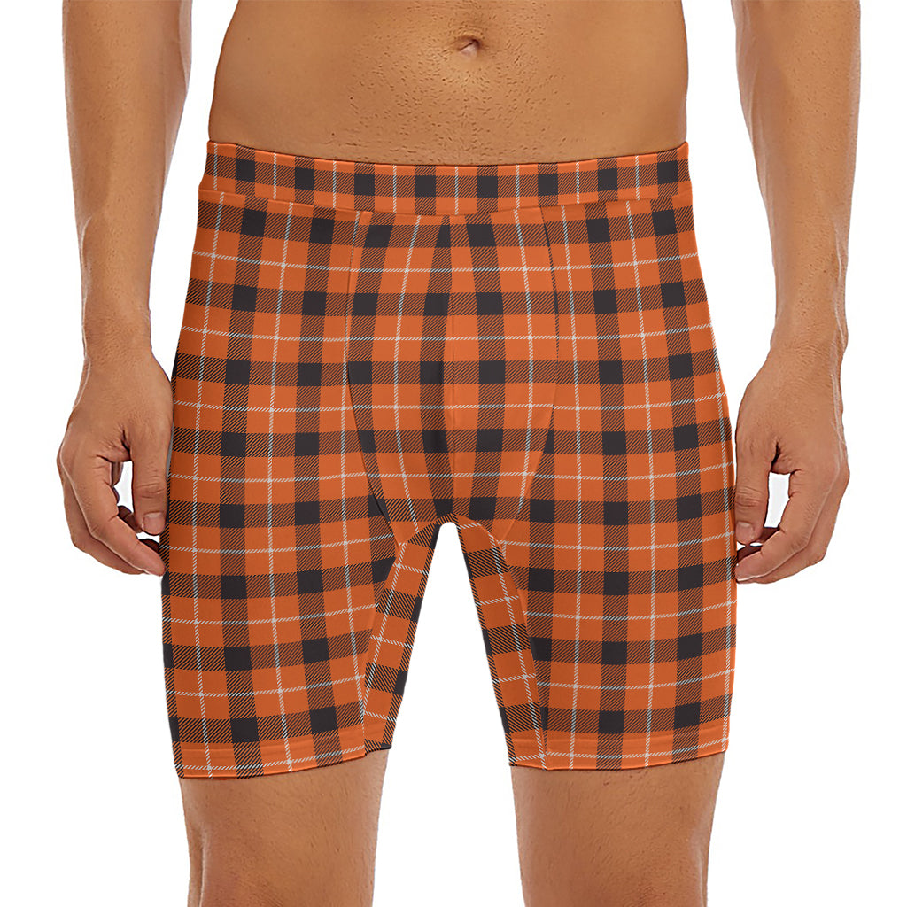 Orange Grey And White Plaid Print Men's Long Boxer Briefs