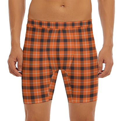 Orange Grey And White Plaid Print Men's Long Boxer Briefs