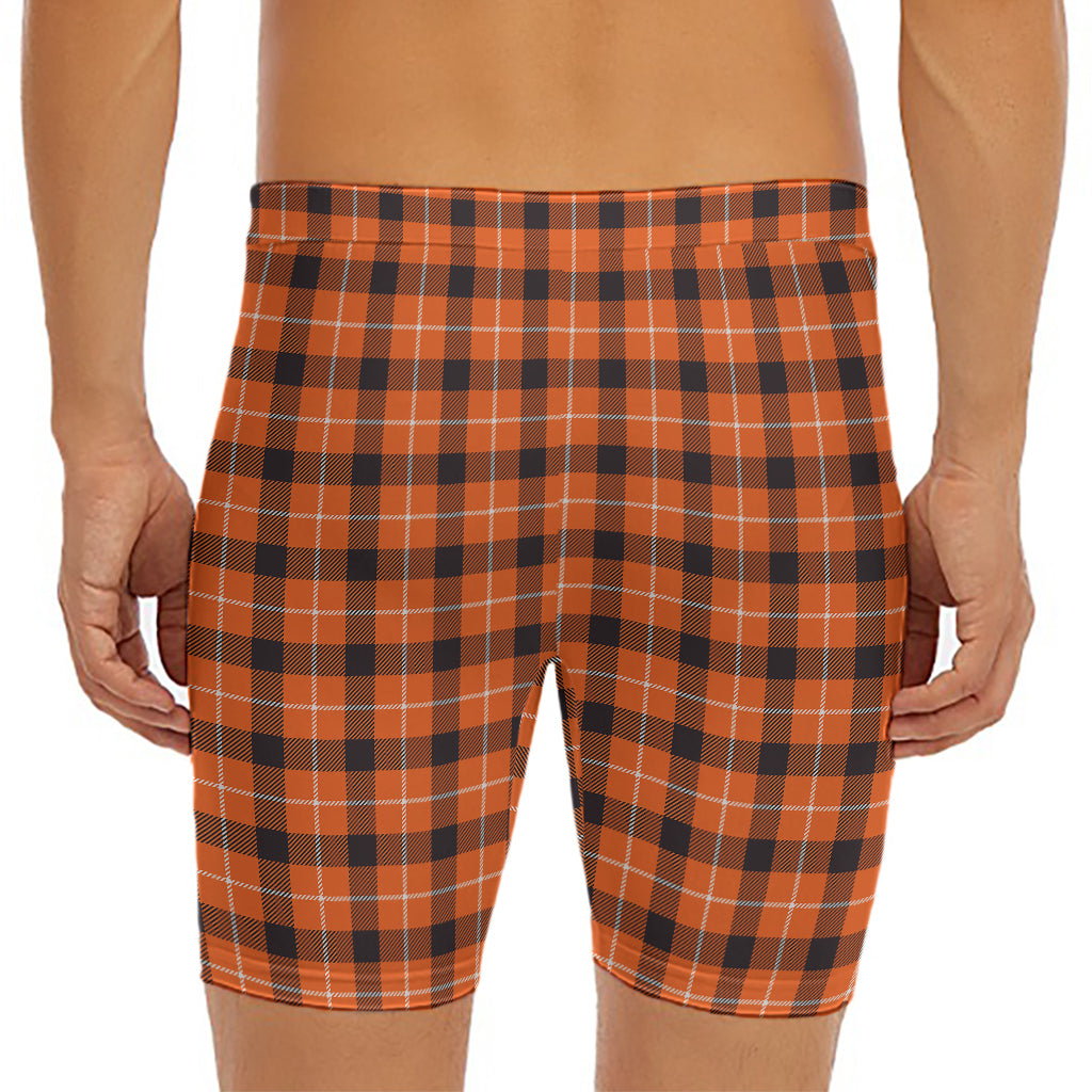 Orange Grey And White Plaid Print Men's Long Boxer Briefs