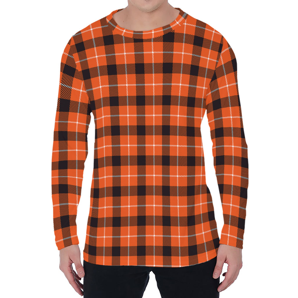 Orange Grey And White Plaid Print Men's Long Sleeve T-Shirt