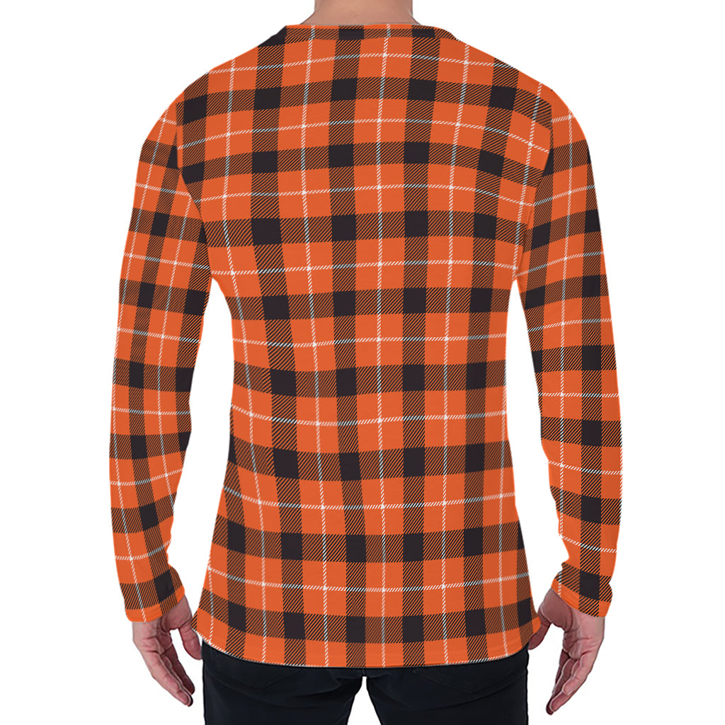 Orange Grey And White Plaid Print Men's Long Sleeve T-Shirt
