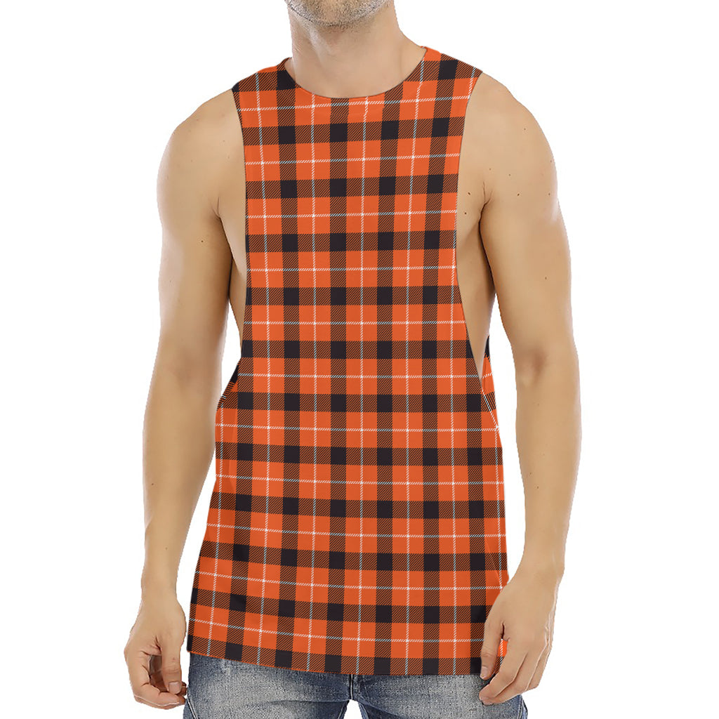 Orange Grey And White Plaid Print Men's Muscle Tank Top