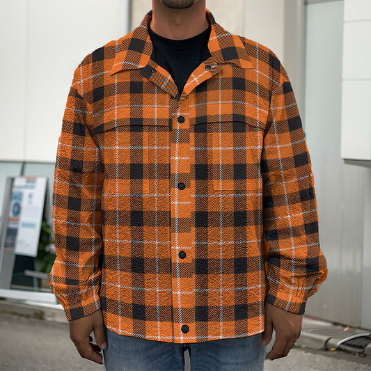Orange Grey And White Plaid Print Men's Shirt Jacket