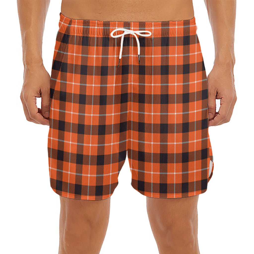 Orange Grey And White Plaid Print Men's Split Running Shorts