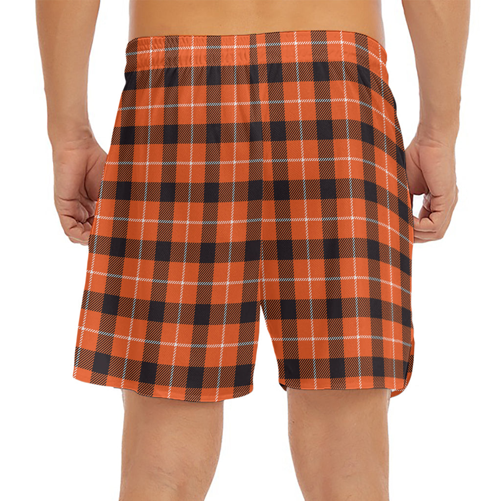 Orange Grey And White Plaid Print Men's Split Running Shorts