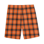 Orange Grey And White Plaid Print Men's Sports Shorts