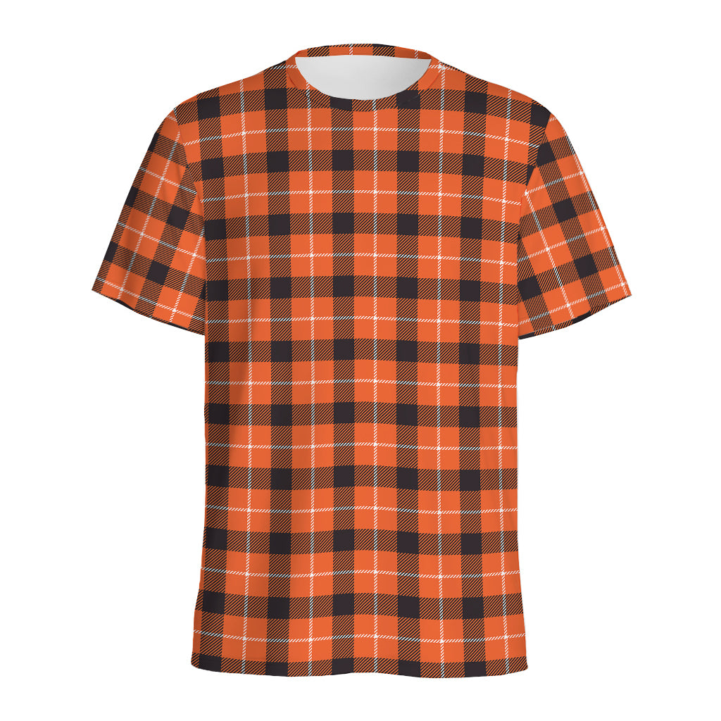 Orange Grey And White Plaid Print Men's Sports T-Shirt