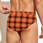Orange Grey And White Plaid Print Men's Swim Briefs