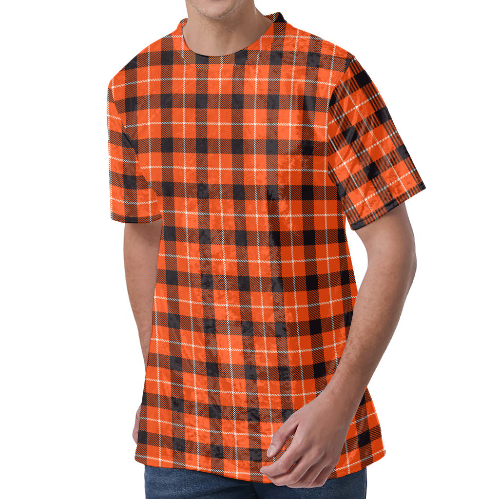 Orange Grey And White Plaid Print Men's Velvet T-Shirt