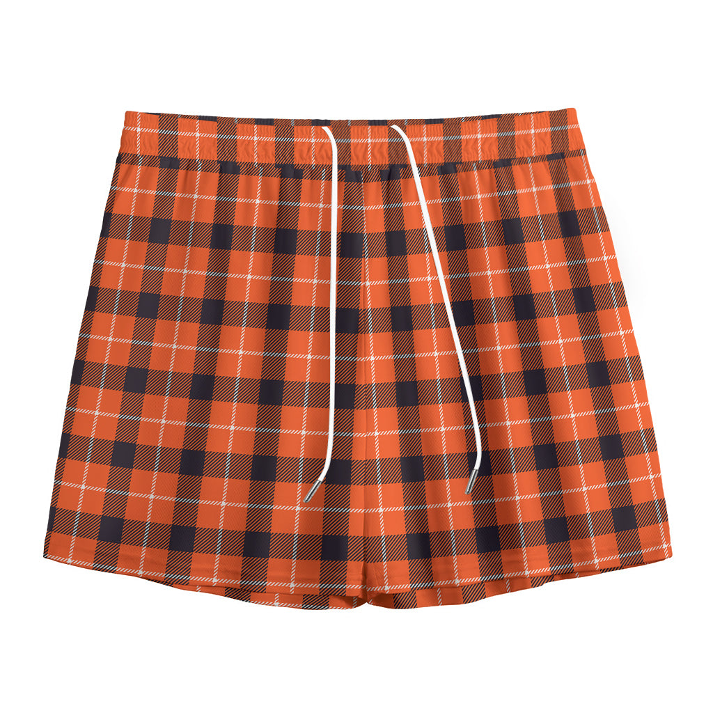 Orange Grey And White Plaid Print Mesh Shorts