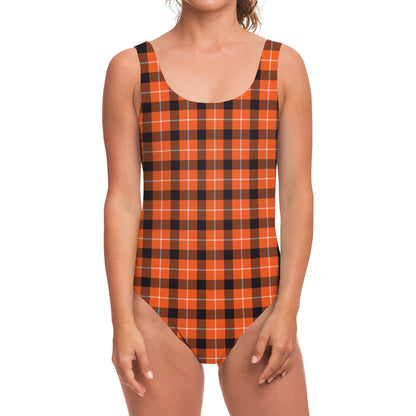 Orange Grey And White Plaid Print One Piece Swimsuit