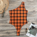 Orange Grey And White Plaid Print One Shoulder Bodysuit