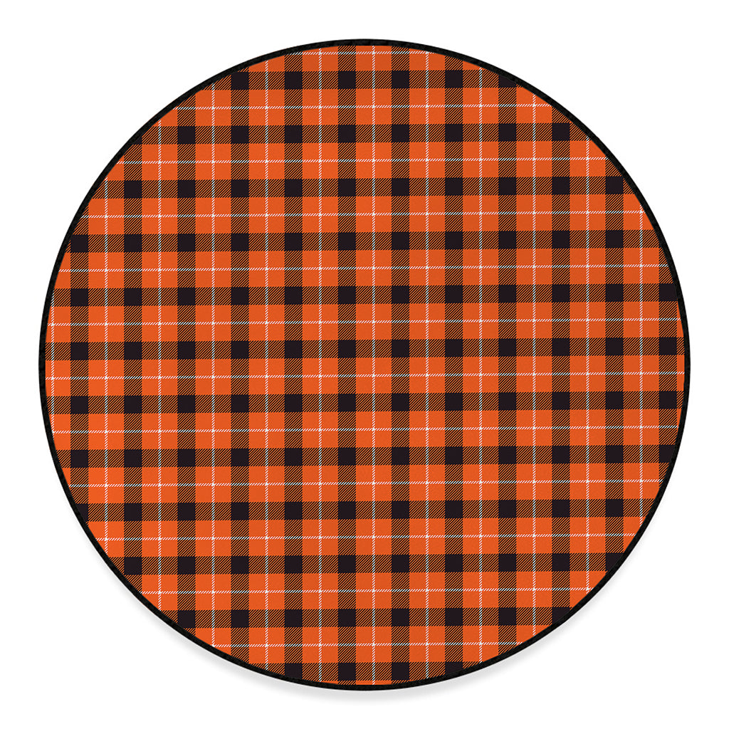 Orange Grey And White Plaid Print Round Floor Mat