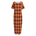 Orange Grey And White Plaid Print Short Sleeve Long Nightdress