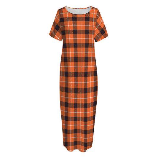 Orange Grey And White Plaid Print Short Sleeve Long Nightdress