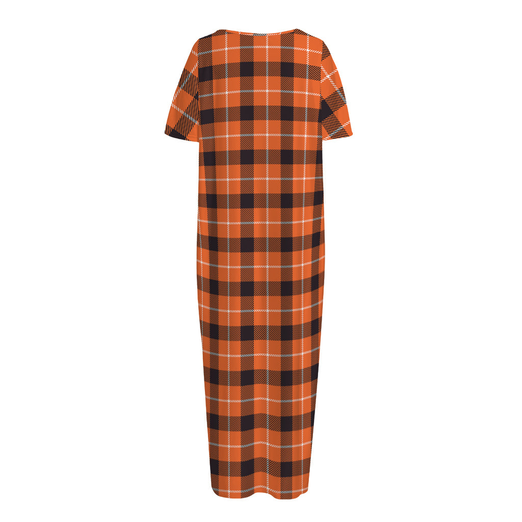Orange Grey And White Plaid Print Short Sleeve Long Nightdress