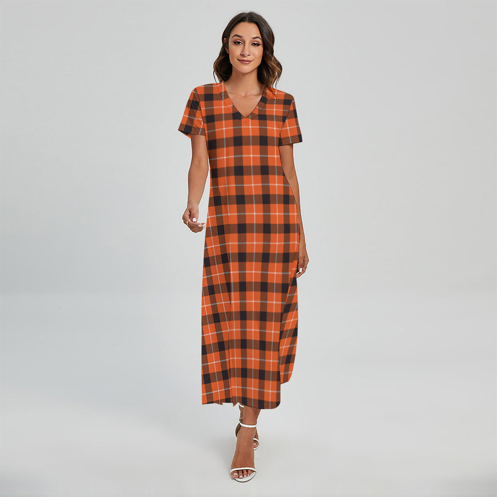 Orange Grey And White Plaid Print Short Sleeve Maxi Dress