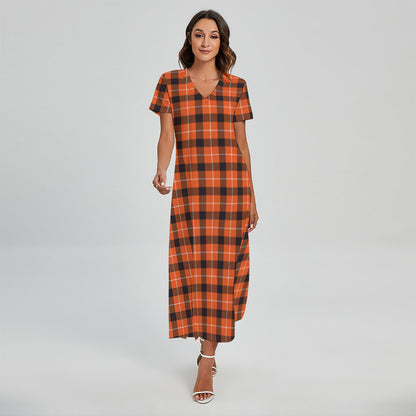Orange Grey And White Plaid Print Short Sleeve Maxi Dress