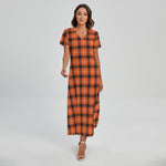 Orange Grey And White Plaid Print Short Sleeve Maxi Dress