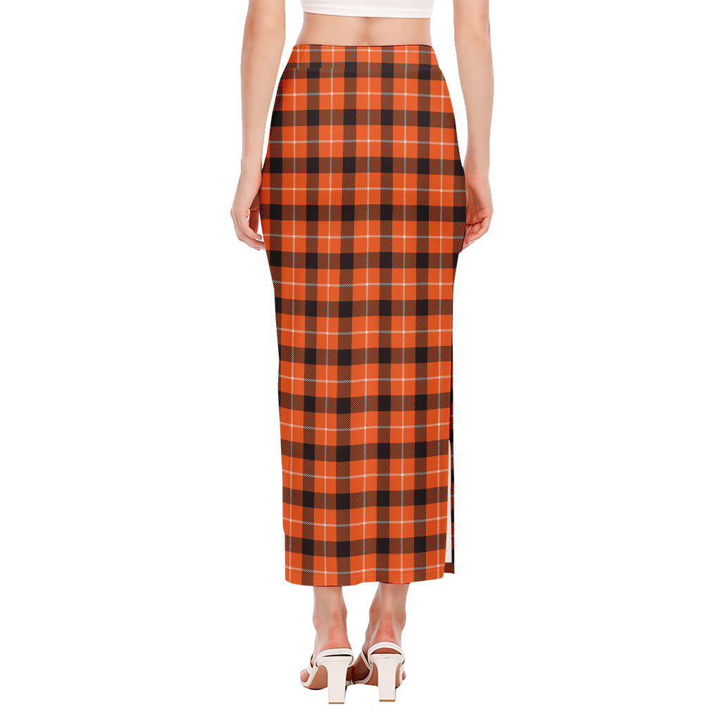 Orange Grey And White Plaid Print Side Slit Maxi Skirt