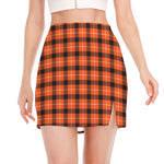 Orange Grey And White Plaid Print Side Slit Mini Skirt