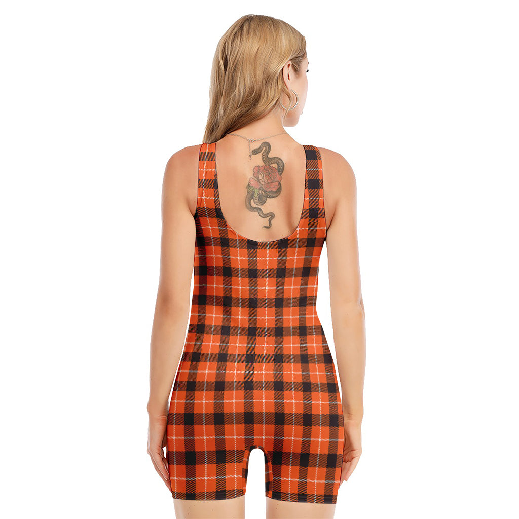 Orange Grey And White Plaid Print Sleeveless One Piece Swimsuit