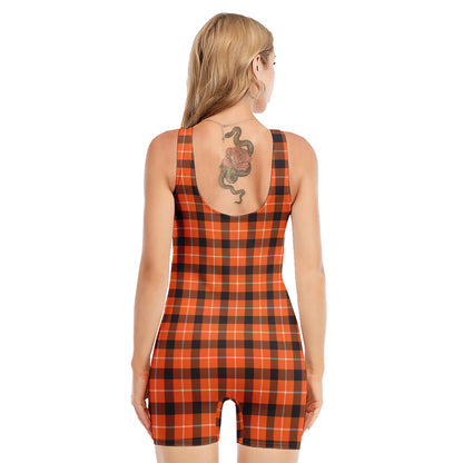 Orange Grey And White Plaid Print Sleeveless One Piece Swimsuit