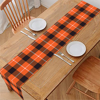 Orange Grey And White Plaid Print Table Runner