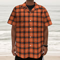 Orange Grey And White Plaid Print Textured Short Sleeve Shirt