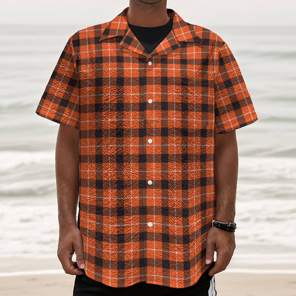 Orange Grey And White Plaid Print Textured Short Sleeve Shirt
