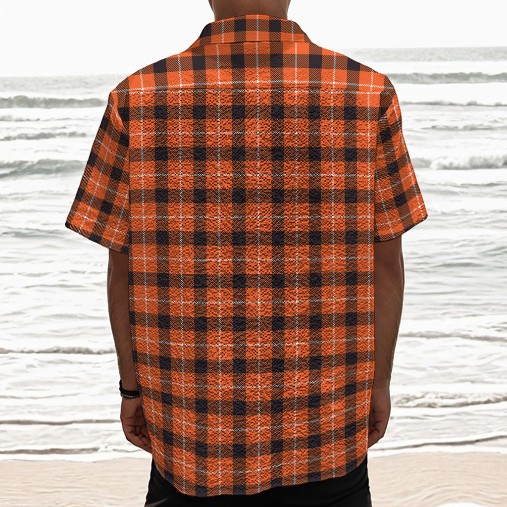 Orange Grey And White Plaid Print Textured Short Sleeve Shirt