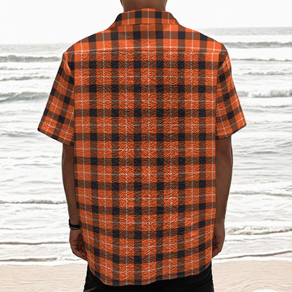 Orange Grey And White Plaid Print Textured Short Sleeve Shirt