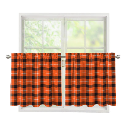 Orange Grey And White Plaid Print Tier Curtains