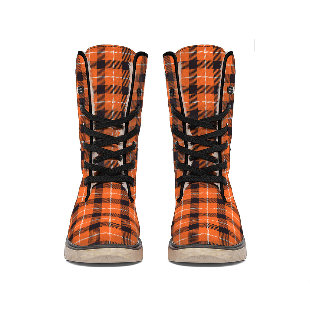Orange Grey And White Plaid Print Winter Boots