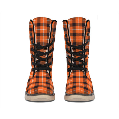 Orange Grey And White Plaid Print Winter Boots