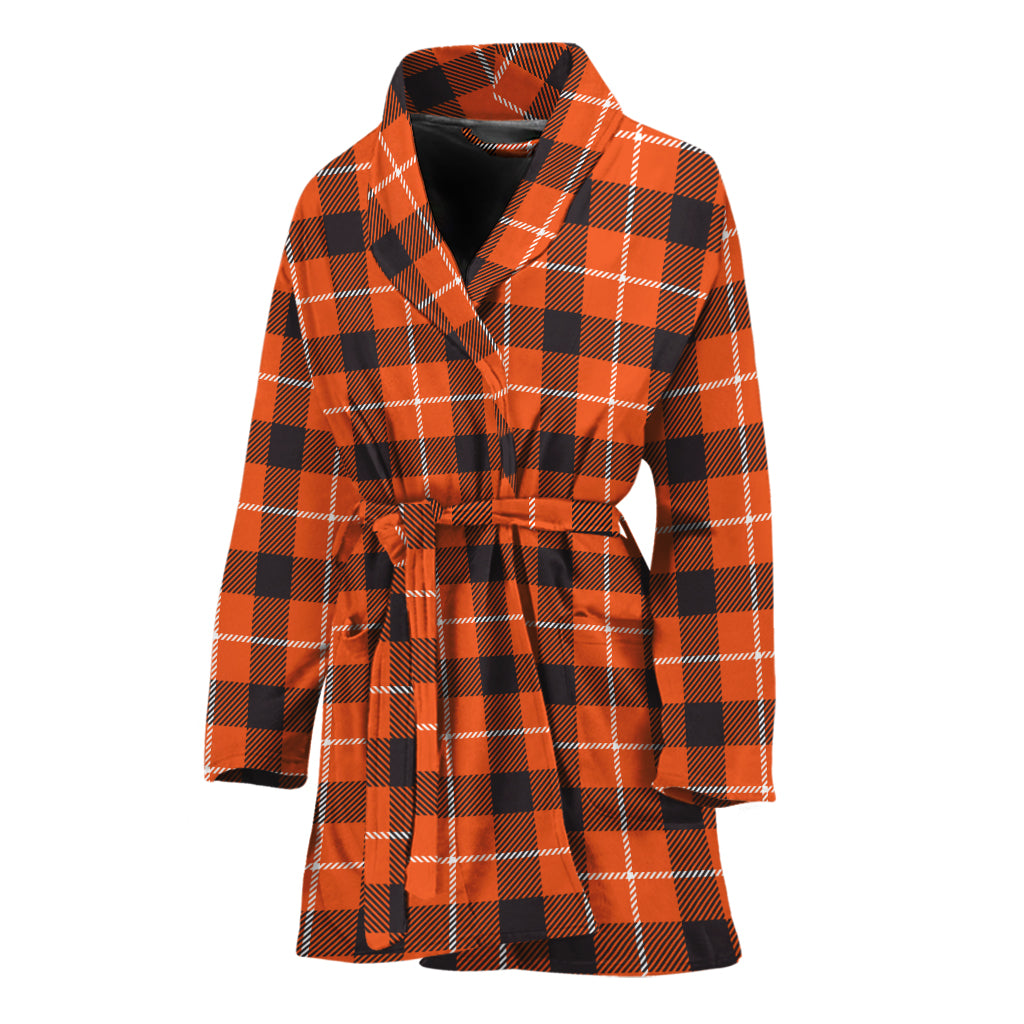 Orange Grey And White Plaid Print Women's Bathrobe