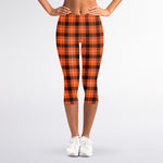 Orange Grey And White Plaid Print Women's Capri Leggings