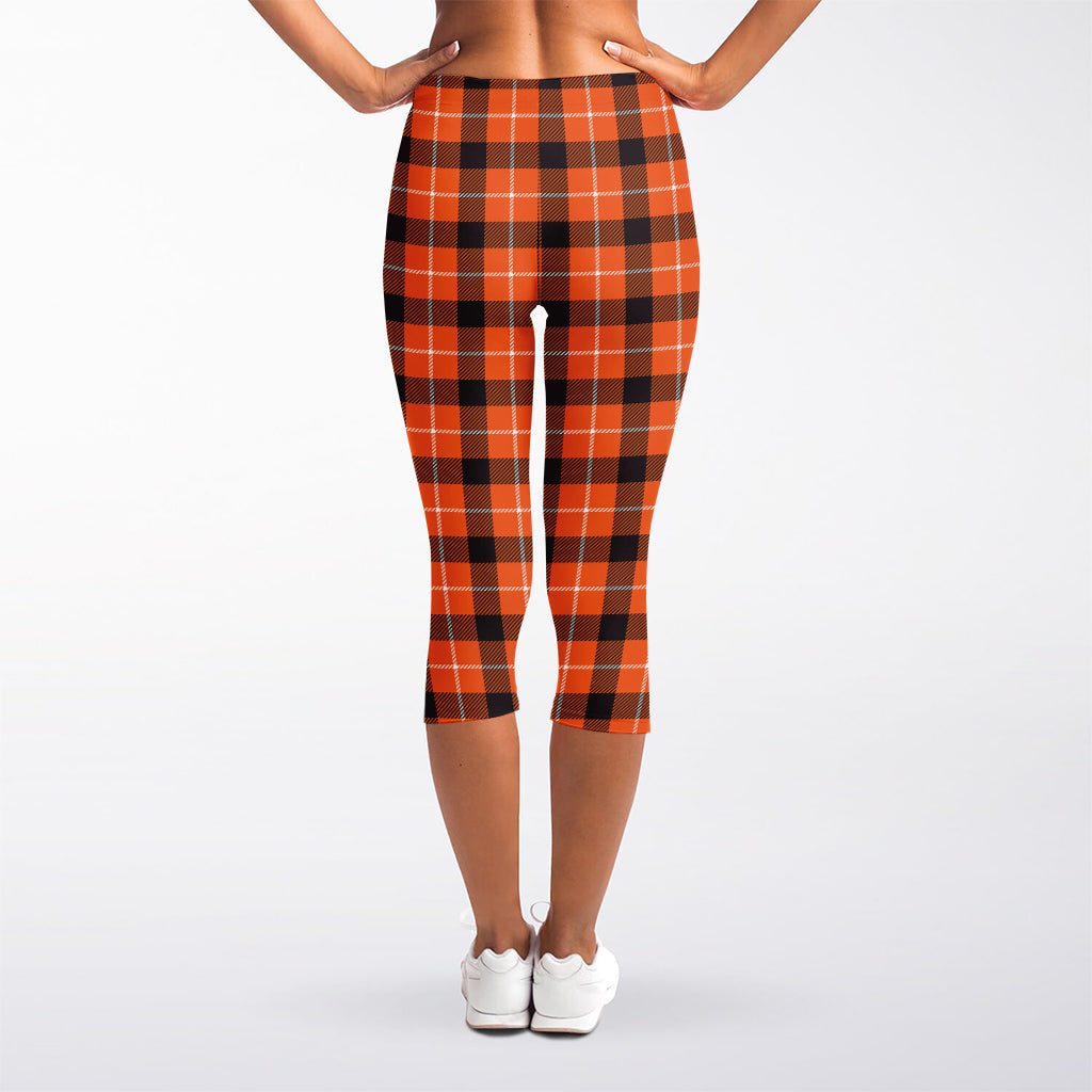 Orange Grey And White Plaid Print Women's Capri Leggings