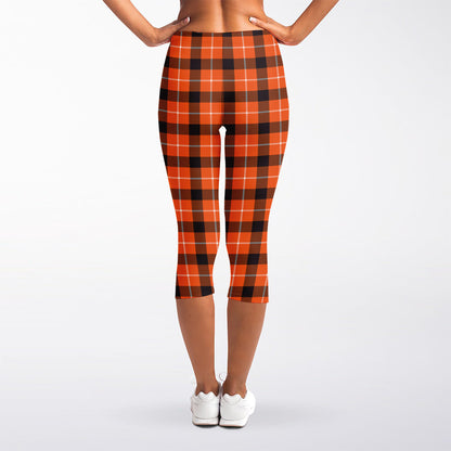Orange Grey And White Plaid Print Women's Capri Leggings