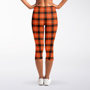 Orange Grey And White Plaid Print Women's Capri Leggings