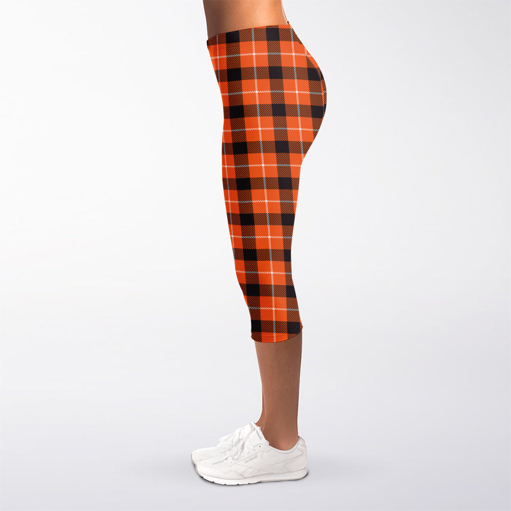 Orange Grey And White Plaid Print Women's Capri Leggings