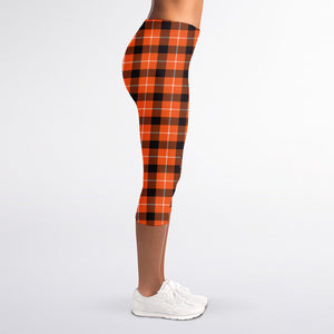 Orange Grey And White Plaid Print Women's Capri Leggings