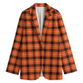 Orange Grey And White Plaid Print Women's Cotton Blazer