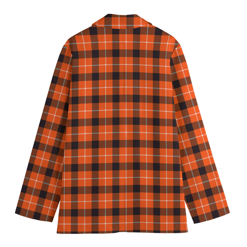 Orange Grey And White Plaid Print Women's Cotton Blazer