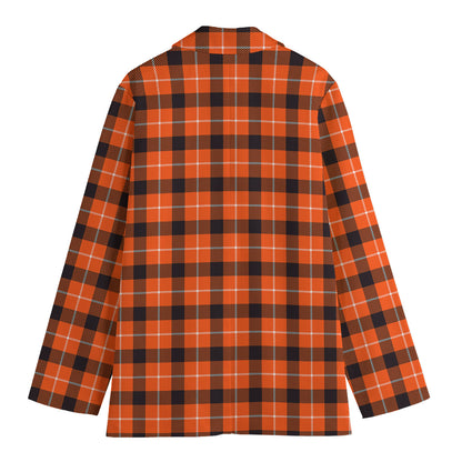Orange Grey And White Plaid Print Women's Cotton Blazer